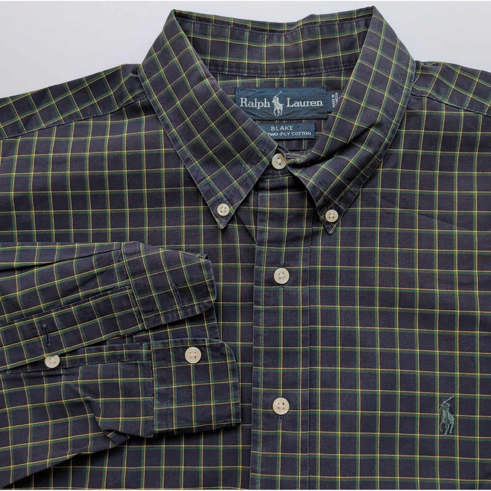 Ralph Lauren Blake Mens XL Shirt Long Sleeve Oxford Navy Green Plaid Button Down